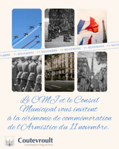 Le CMJ et le Conseil Municipal vous invitent à la cérémonie du 11 novembre – RDV 10h au monument aux morts, suivi d’un café en mairie. (1)